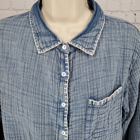 Natural Life Blue Lola Tie Button Down Cotton Roll Tab Sleeve Gauzy Muslin Large - Picture 4 of 11